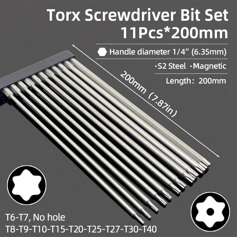 200mm Torx Screwdriver Bits Magnetic Hollow Plum Blossom Head S2 Steel Security Bit T6-T40 1/4'' Hex Shank Hand Power Tools