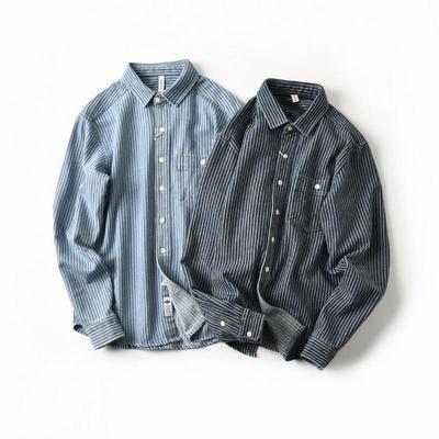 Japanese Trendy Striped Denim Long Sleeve Men's Shirt