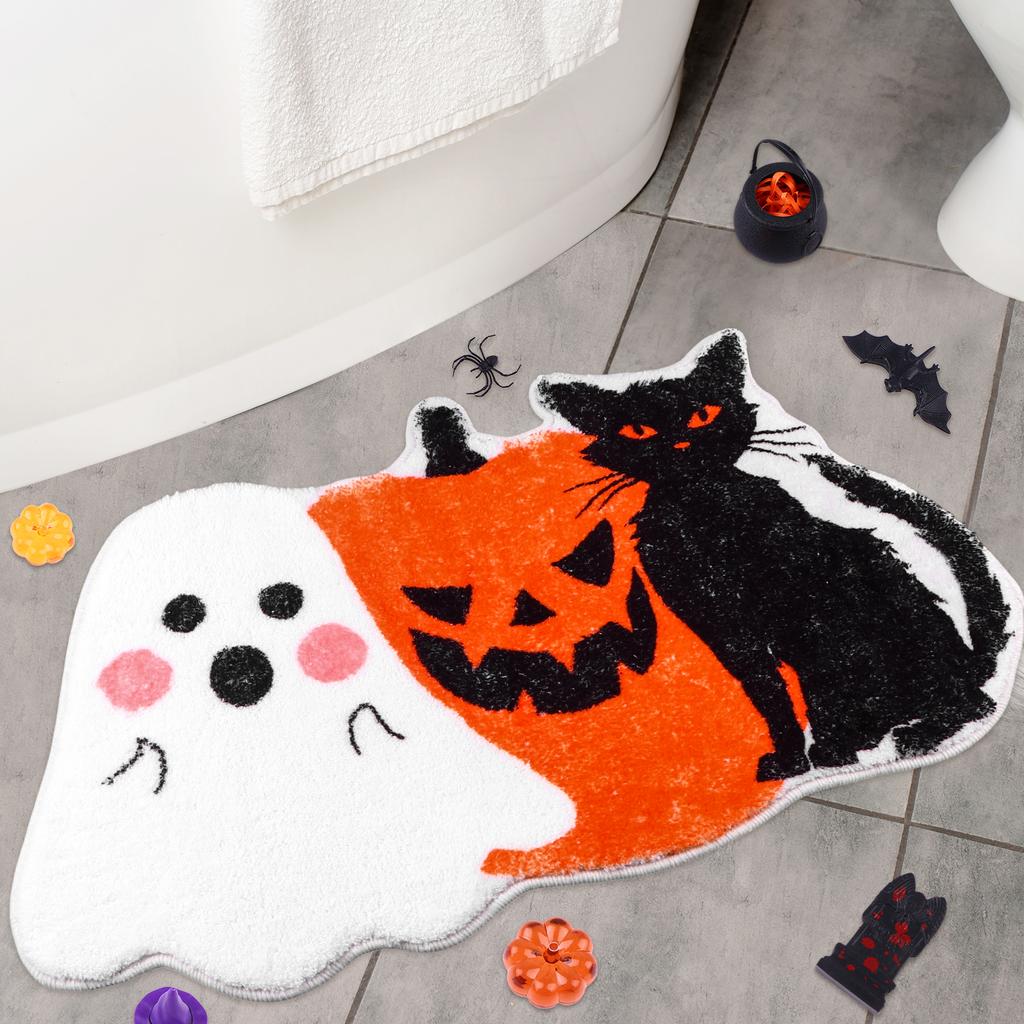 Halloween Badematte Teppich-Kürbis Schwarze Katze Geist Badematte TPR-Rücken Rutschfest Saugfähig Maschinenwaschbar Duschteppich Fußmatte