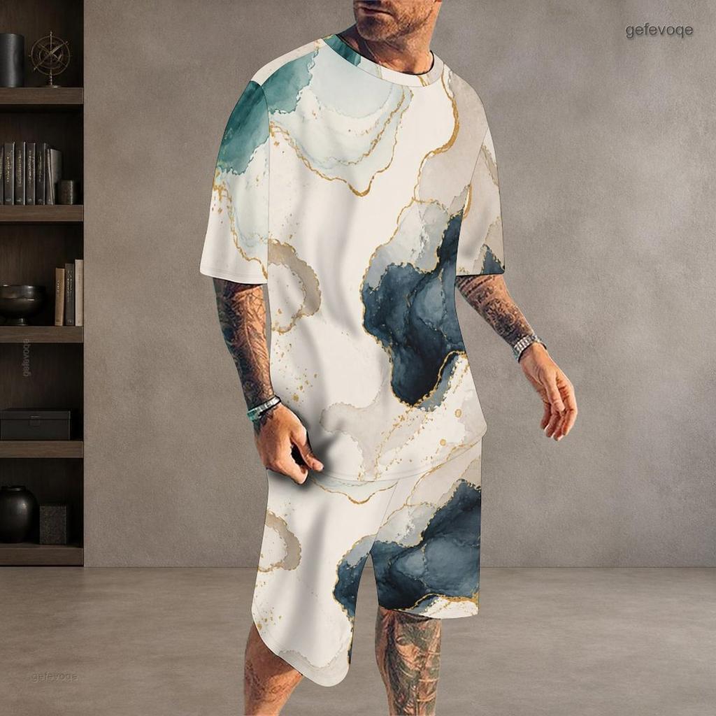 Men Plus Size Printed Round Neck Short Sleeve Top Drawstring Pocket Shorts Two Piece Set