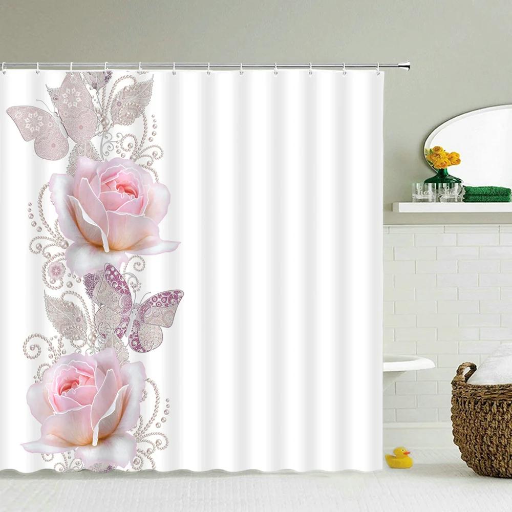 Floral Shower Curtain, Spring Nature Theme Cherry Blossom Bathroom Decor Polyester Fabric Waterproof Bath Curtain with Hooks