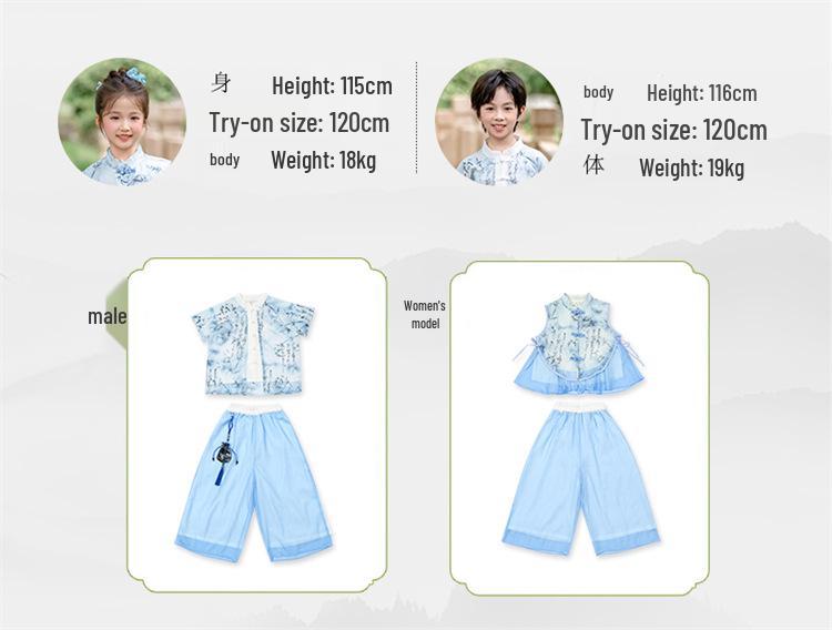 Kids' Hanfu: Emerald Bamboo & Orchid Tang Suit Set - Summer Chinese Style for Boys and Girls Performance