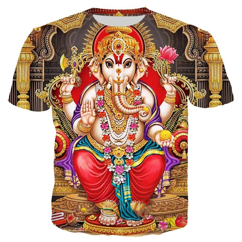 Summer Round Neck 3D Hindu Deities Graphic Print Top Fashionable Casual Short Sleeved Men's and Women's Unisex T-shirts
