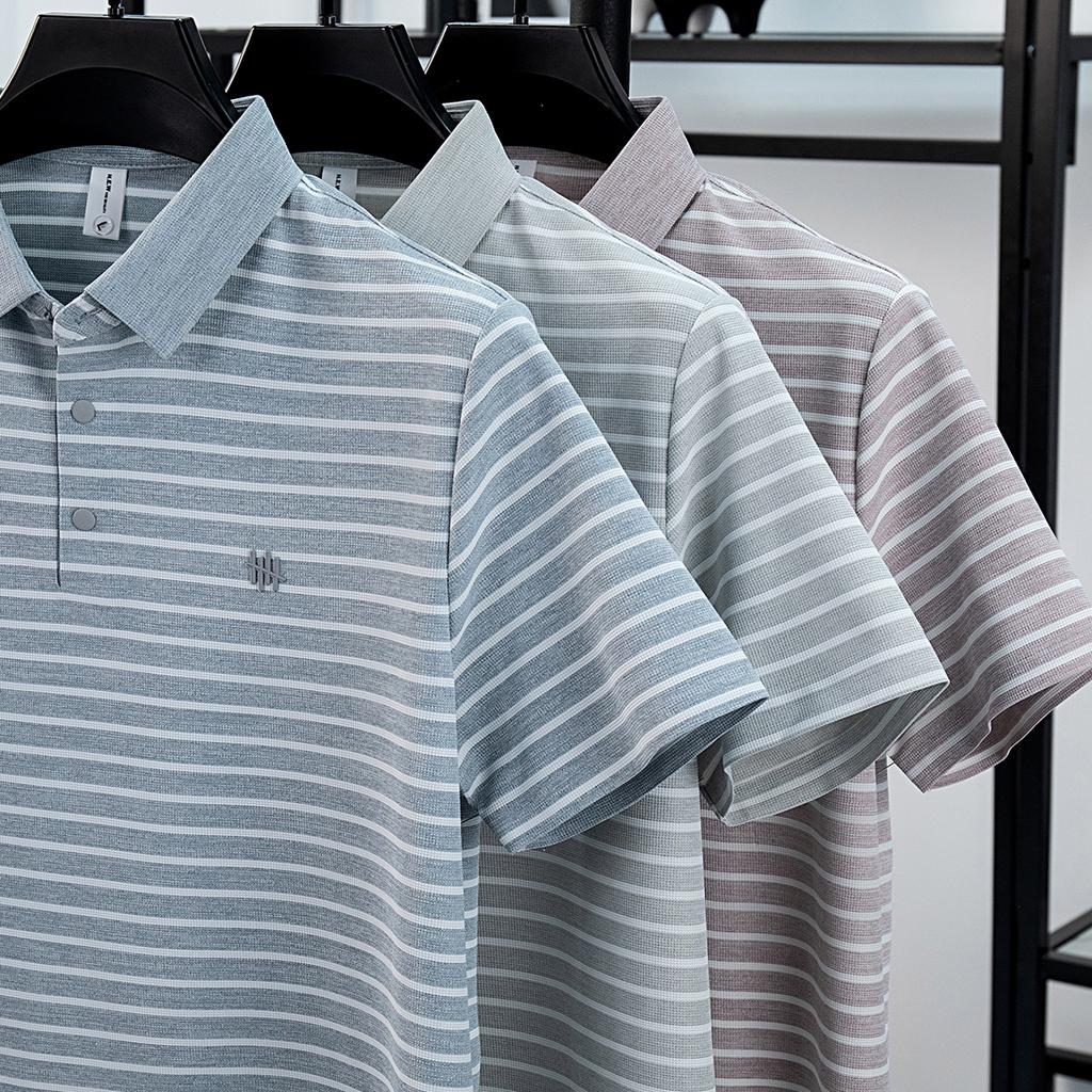 Summer Ice Silk Stripe POLO High Elasticity White Knitted Men's Polo Short Sleeve