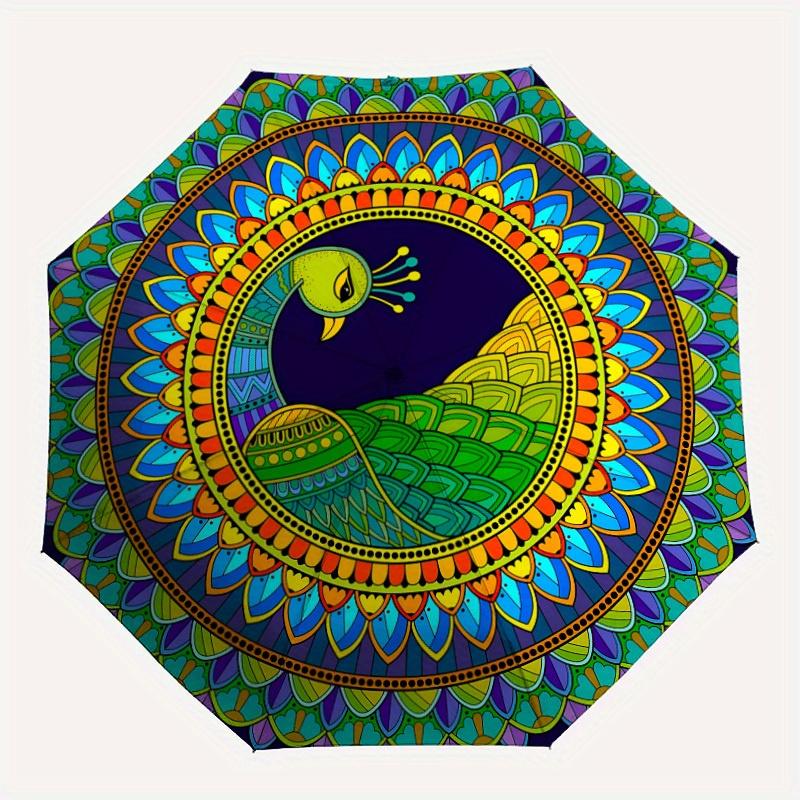 

1pc Peacock Mandala Artwork Automatic Folding Umbrella, Portable & Foldable Design with 8 Ribs, Casual Outdoor Accessory Halloween and Chris