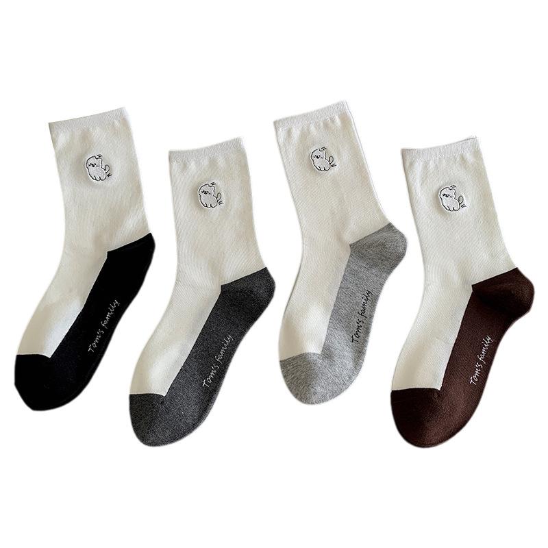 Cartoon Socks for Girls, Cute Autumn Embroidered Little Cat, Mid-calf Socks, Color-blocked School Style, Pile Socks, Boneless