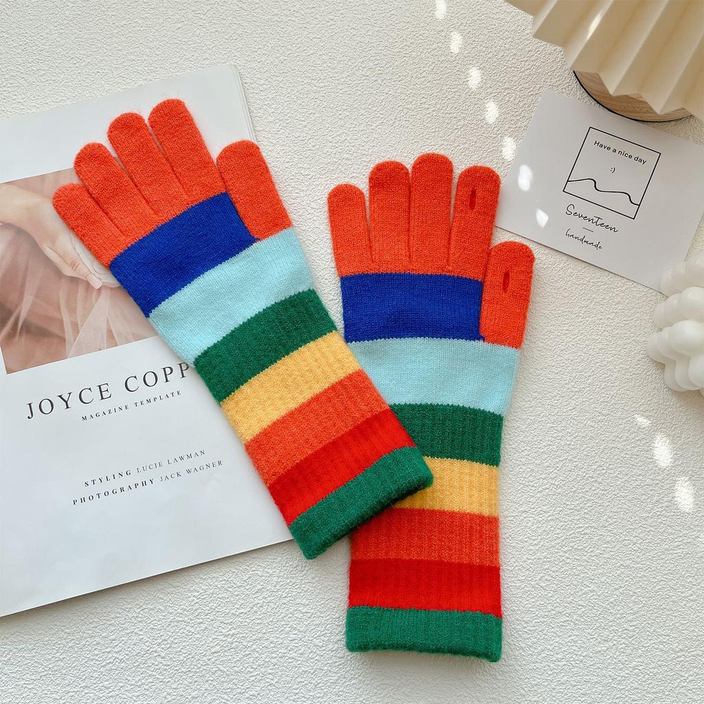 Korean New Rainbow Gloves for Women In Winter Warm Wool Half Finger Gloves American Street Fashion Versatile Cycling Trend