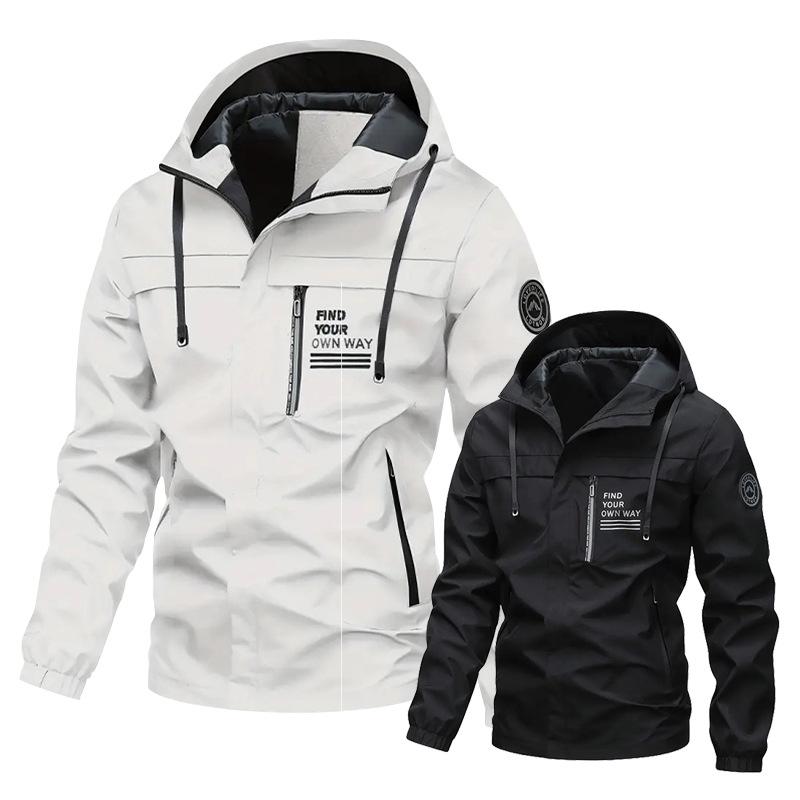 Men's Outdoor Windbreaker Jacket - Fleece Lined Hooded Coat for Autumn/Winter, Solid Color