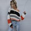 Vintage Fashion Elegant Casual Three-color Splicing Striped Knitted Sweater Women Loose Long-sleeved Autumn