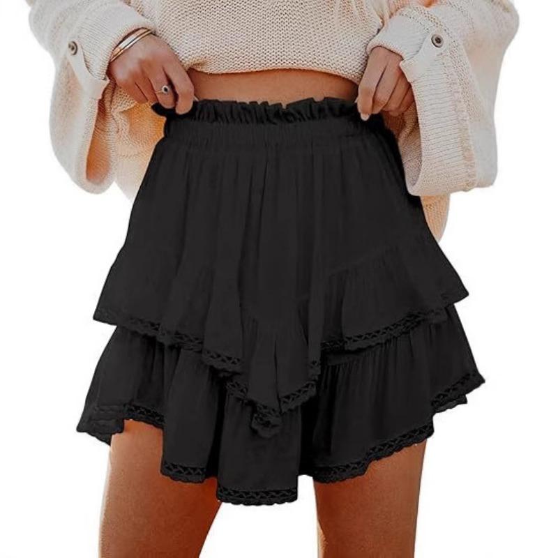 Women White Lace Trim High Waist Tiered Ruffle Mini Skirt