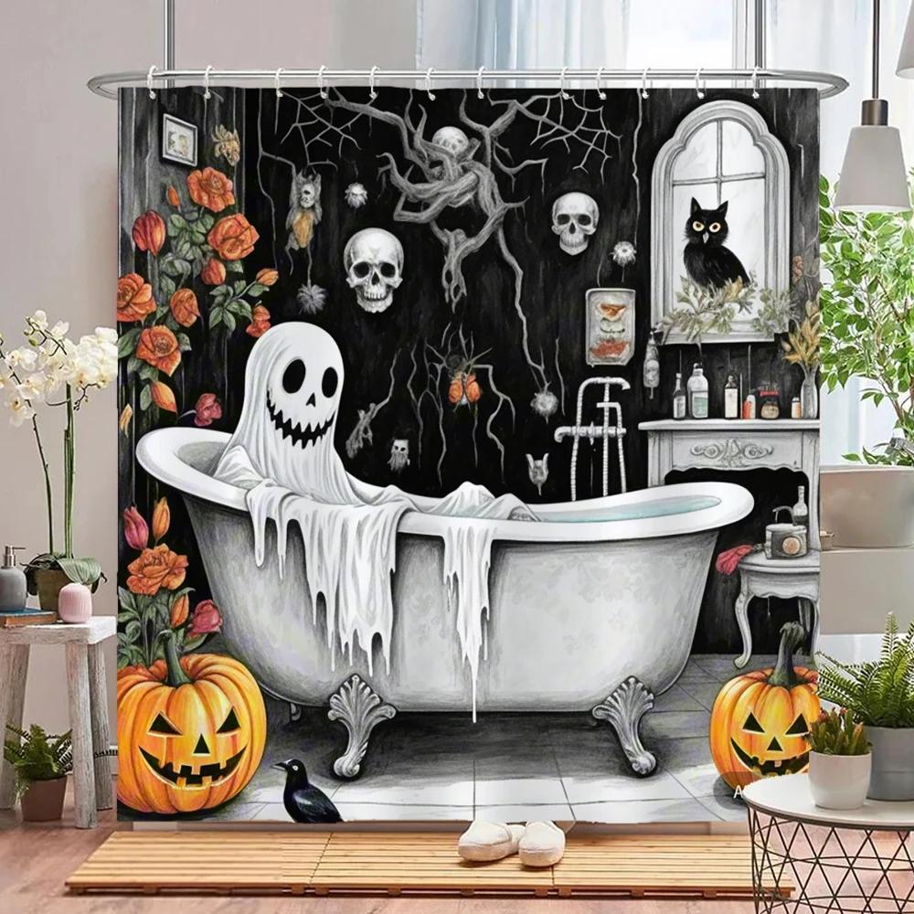 Lustiger Halloween-Duschvorhang Wasserdichter Badezimmer-Vorhang Schrecklicher Verrückter Skelett, Geist, Dunkler Stil Heim-Dekorationsvorhang