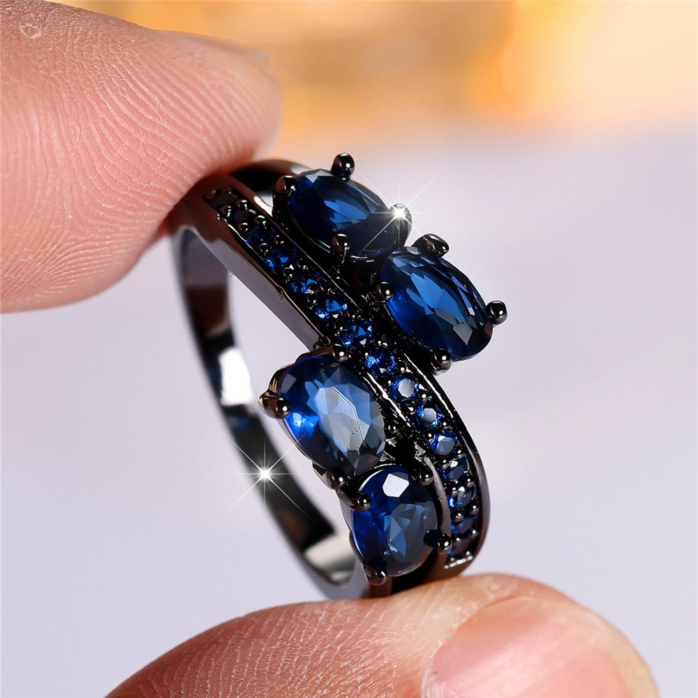 Trendy Cute Female Blue Oval Zircon Stone Ring Vintage  Black Gold Color Wedding Jewelry For Women