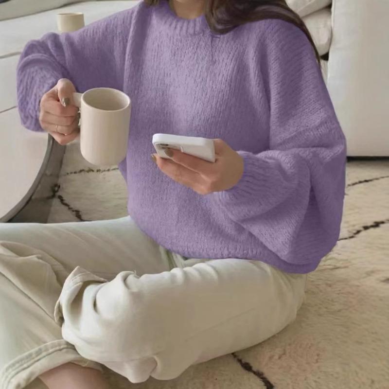 Crew neck imitation mohair sweater women's autumn and winter knitted top fashion casual sweater women's clothing