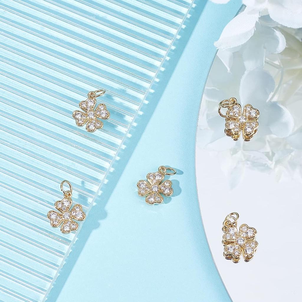 Beebeecraft 6Pcs/Box Four Leaf Clover Charms 18K Gold Plated Brass Good Luck Pendant Cubic Zirconia St. Patrick's Day Shamrock Charm for Jewelry