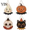 Outdoor Ghost Door Decorations Halloween Wooden Hanging Pendant with Lanyard, Retro Ghost/Pumpkin/Skull/Black Cat Black Wall Art for Front Porch Party