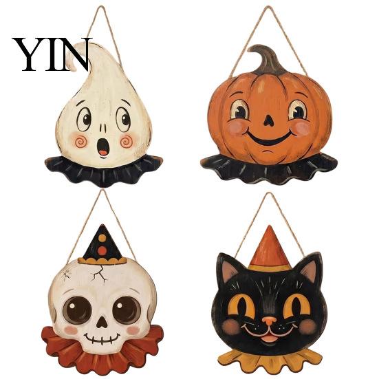 Outdoor Ghost Door Decorations Halloween Wooden Hanging Pendant with Lanyard, Retro Ghost/Pumpkin/Skull/Black Cat Black Wall Art for Front Porch Party