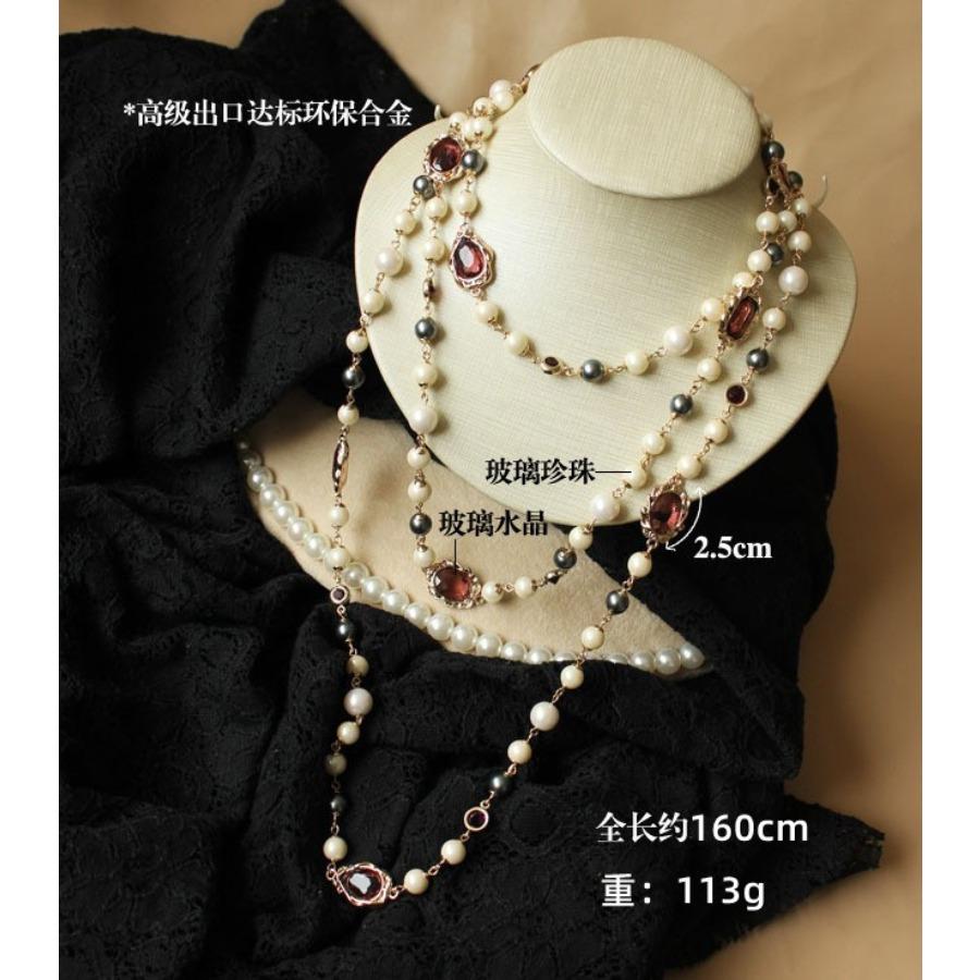 JMXD-Necklace Vintage Pearl Red Handmade Glass Ladies Long Necklace Sweater Chain Small Fragrant Style Jewelry