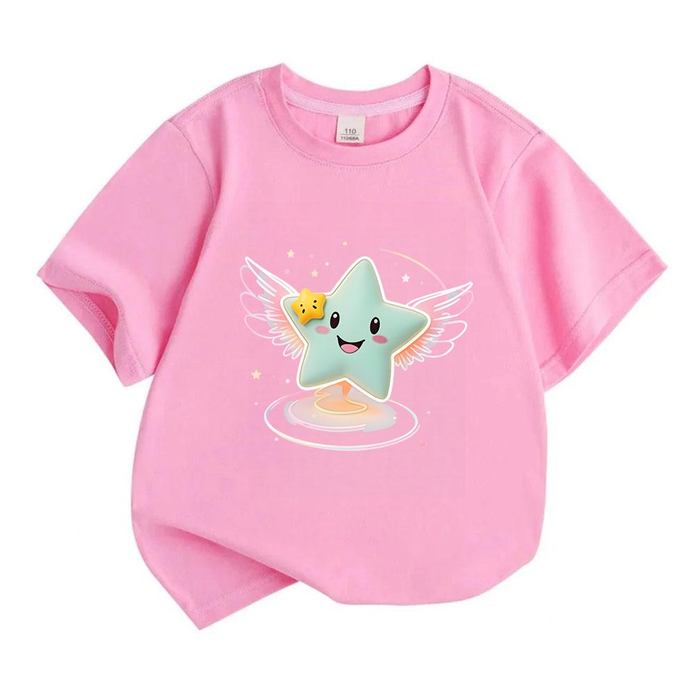 Kids Boys Girls Cute Flying Winged Star Print T-Shirt, 100% Cotton Casual Short Sleeve Crew Neck Tees, Adorable Cartoon Glowing Sparkly Star Pattern S