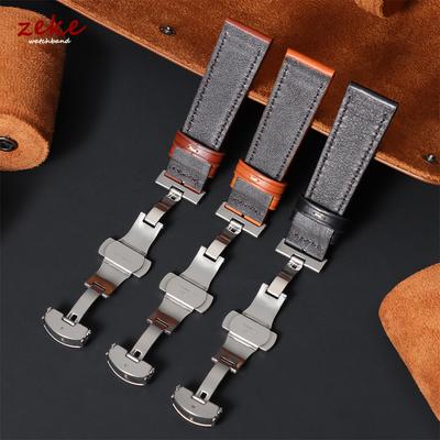 Vintage Brown Wax Oil Cowhide Watch Band 20mm 22mm Hand-Stitched Top-Grain Leather Watch Strap Butterfly Clasp Wristband for Men