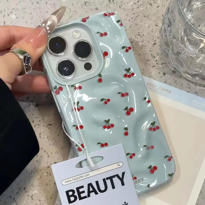 Schattige Kersen Vouwen Textuur Telefoonhoesje Voor iPhone 16 15 12 11 Pro Max 13 14 Pro Plus Schokbestendig Antislip Zachte Cover Shell Fundas