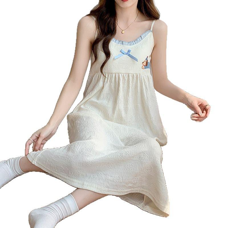 Suspender Nightdress Women's Summer Sleeveless Cloud Cotton Embossed with Chest Pad Removable Cute Sweet New Pajamas Skirt
