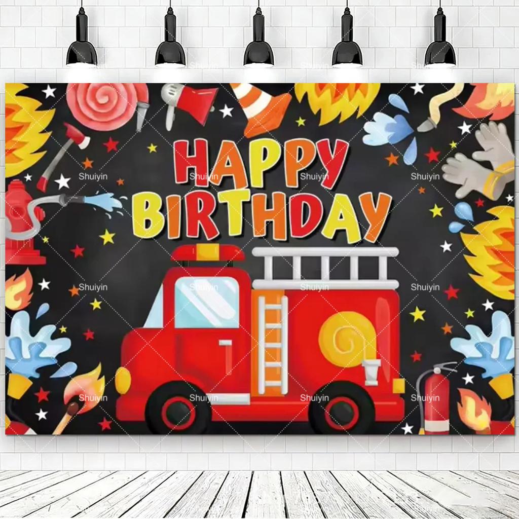 Cartoon Firefighter Firetruck Theme Backdrop Red Flame Fireman Boy Birthday Decorations Party Supplies Photography Background