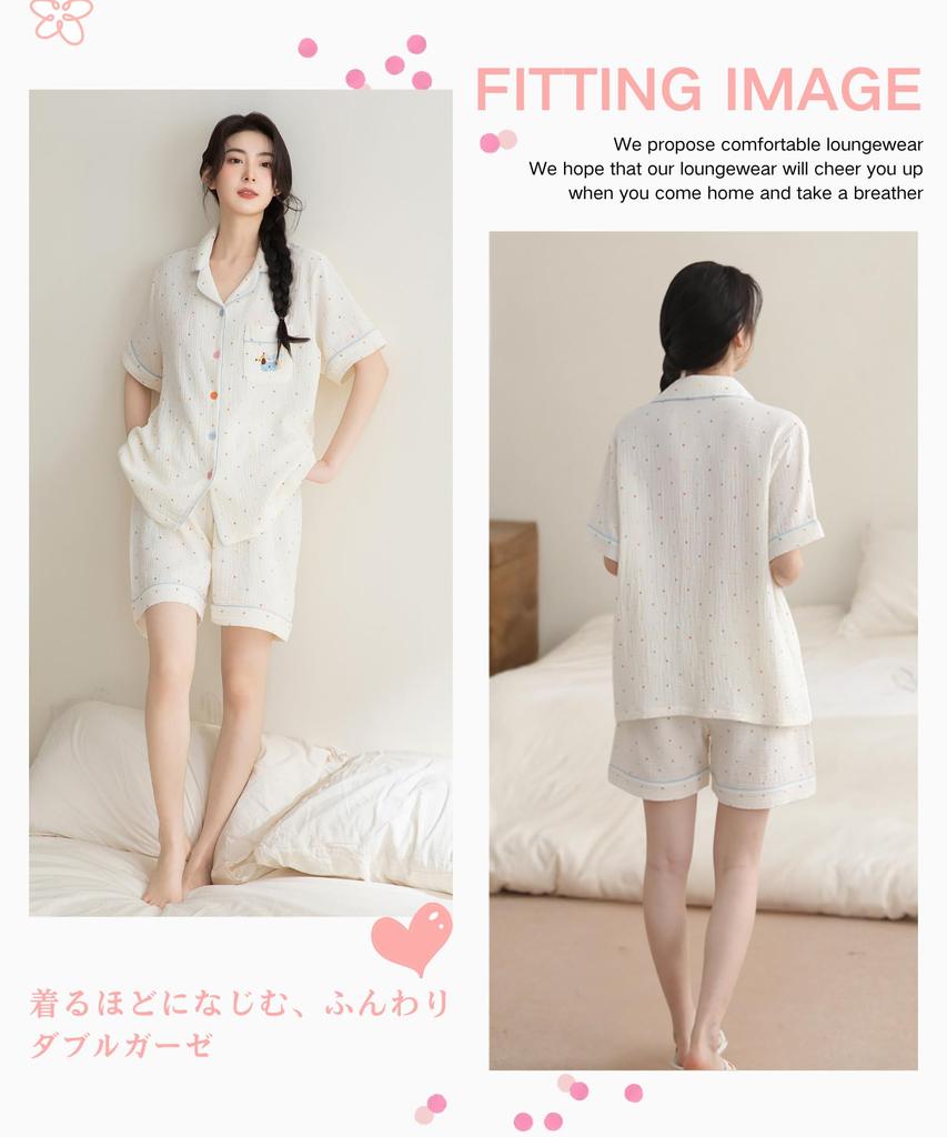 AasDawn Cotton Summer Double Gauze Short Sleeves and Shorts Front Comfortable for the Loose Cute Loungewear Women's 100% Pajamas, Pajamas, Set,