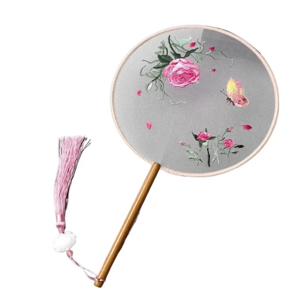 Round Double Sided Embroidery Fan Chinese Style Wooden Handle Embroidery Round Fan Tassels with Pendant Hanfu Hand Fan