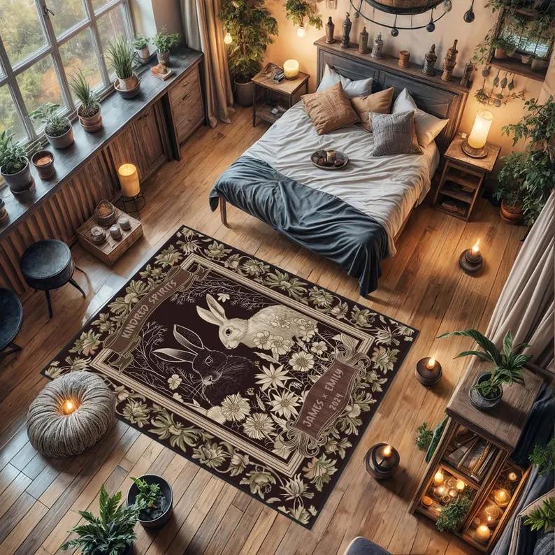 Colonial America Inspired Rabbit Folk Art Rug Handmade Home Decor Primitive Accent Farmhouse Art Colonial style Americana Folk