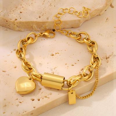 18 Karat Gold Kubanische Kette Herz Armband: Luxuriöser Titanstahl, Nicht verblassender Schmuck für Damen