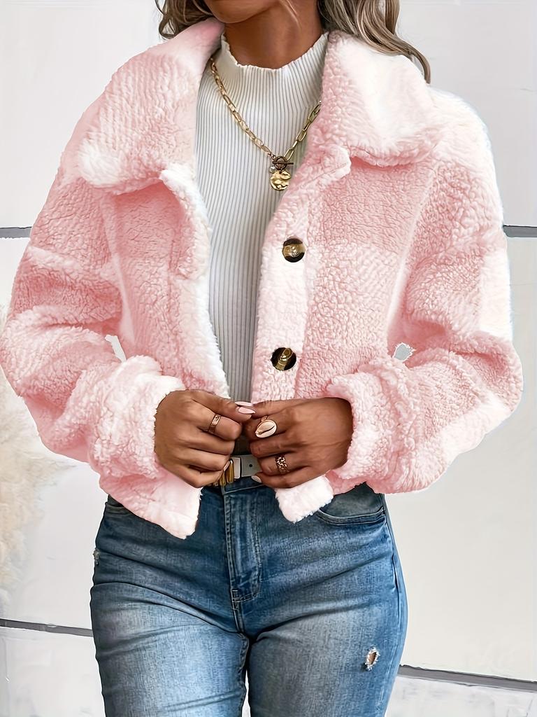 Plaid Pattern Button Front Teddy Coat All-match Long-sleeved Winter Warm Jacket Women's Clothing