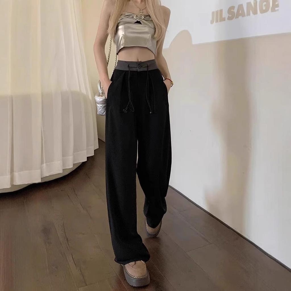 Graue Anzughose für Damen im Sommer Neue Kontrast-Kordelzug-Drapierung Lockere Freizeit-High-Waist-Weitbeinhose