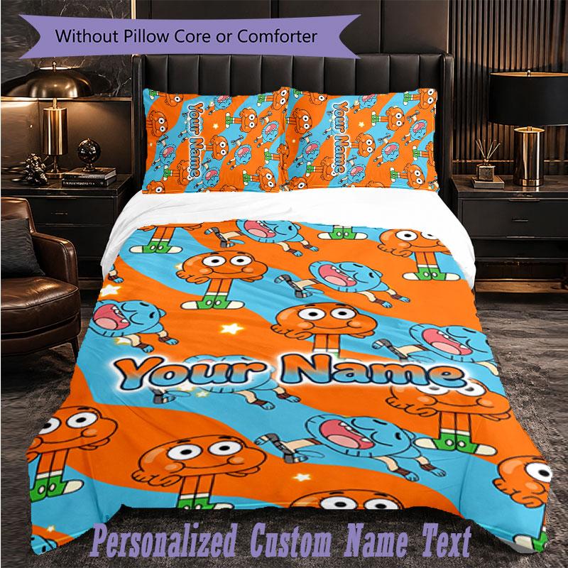 Set de Lenjerie de Pat Personalizat 3 Bucăți Lumea Uimitoare a lui Gumball Husa de Plapumă cu Text Personalizat Set de Fețe de Pernă Cadou pentru Dormitor