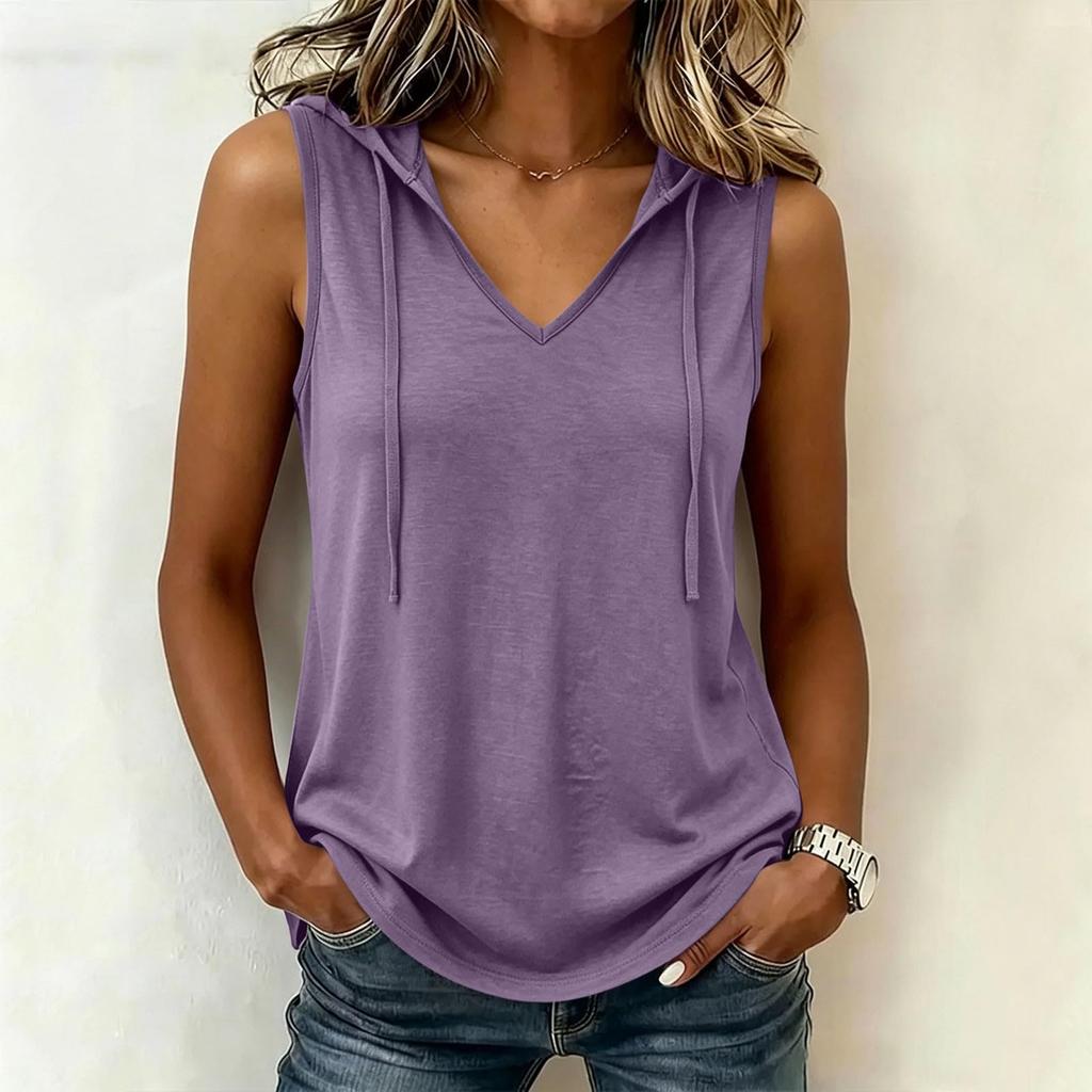 Womens Sleeveless Hoodie Top V Neck Casual Lightweight Pullover Tank Shirt Summer Fashion Soft Fabric