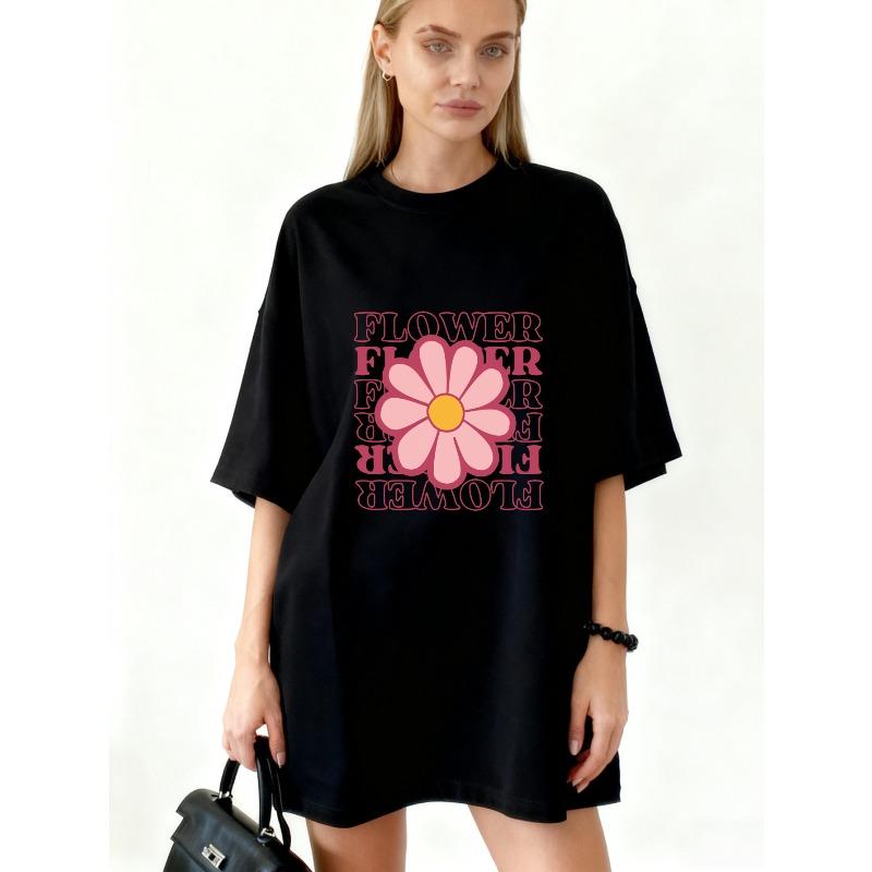 Oversized T Shirt Black Flower Print With Pink Daisy And Text Flower For Casual Wear