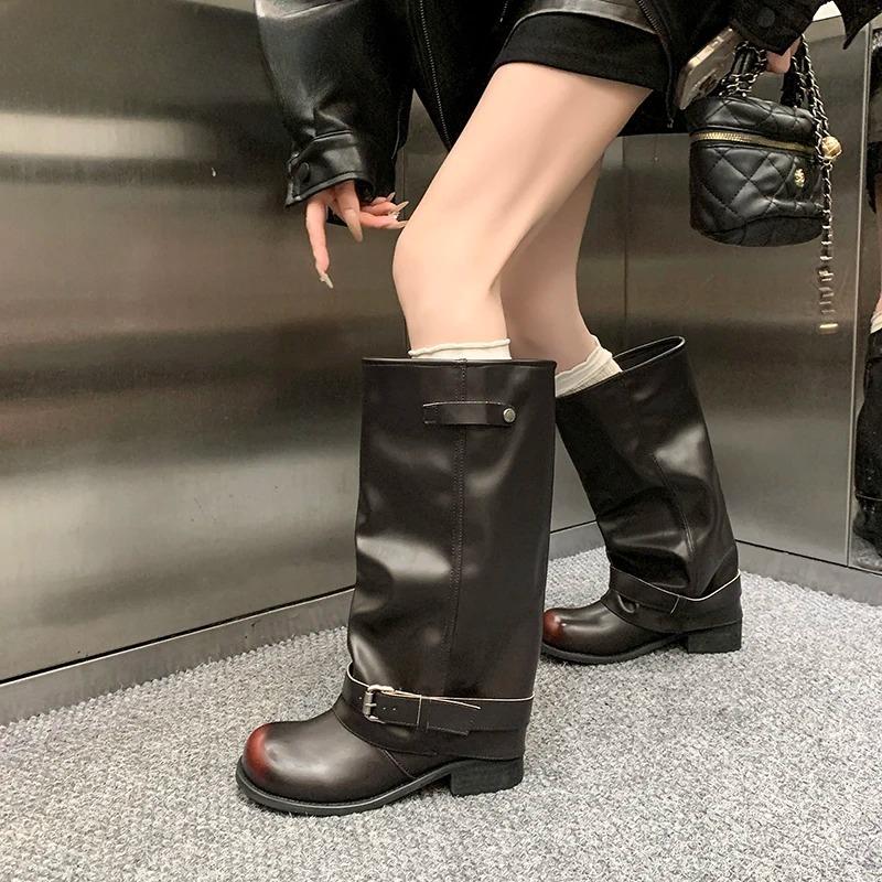 Autumn Winter Thick Heel Women Western Cowboy Boots Fashion Belt Buckle Slip On Shoes Ladies Vintage Pleated Short Booties