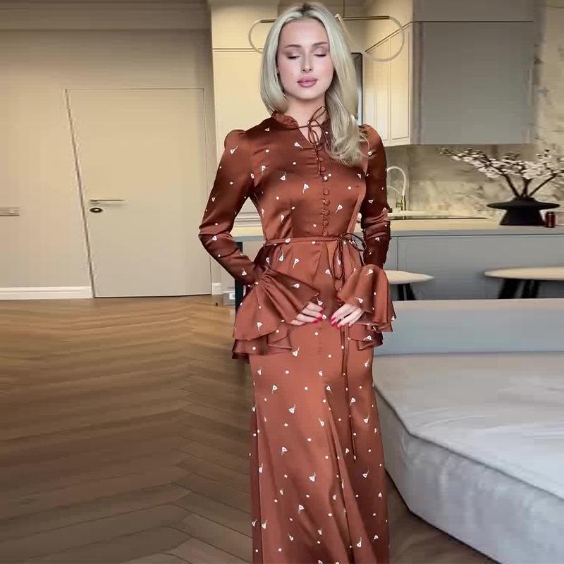 2024 Autumn European & American Women's Bell Sleeve Top + Midi Skirt Set