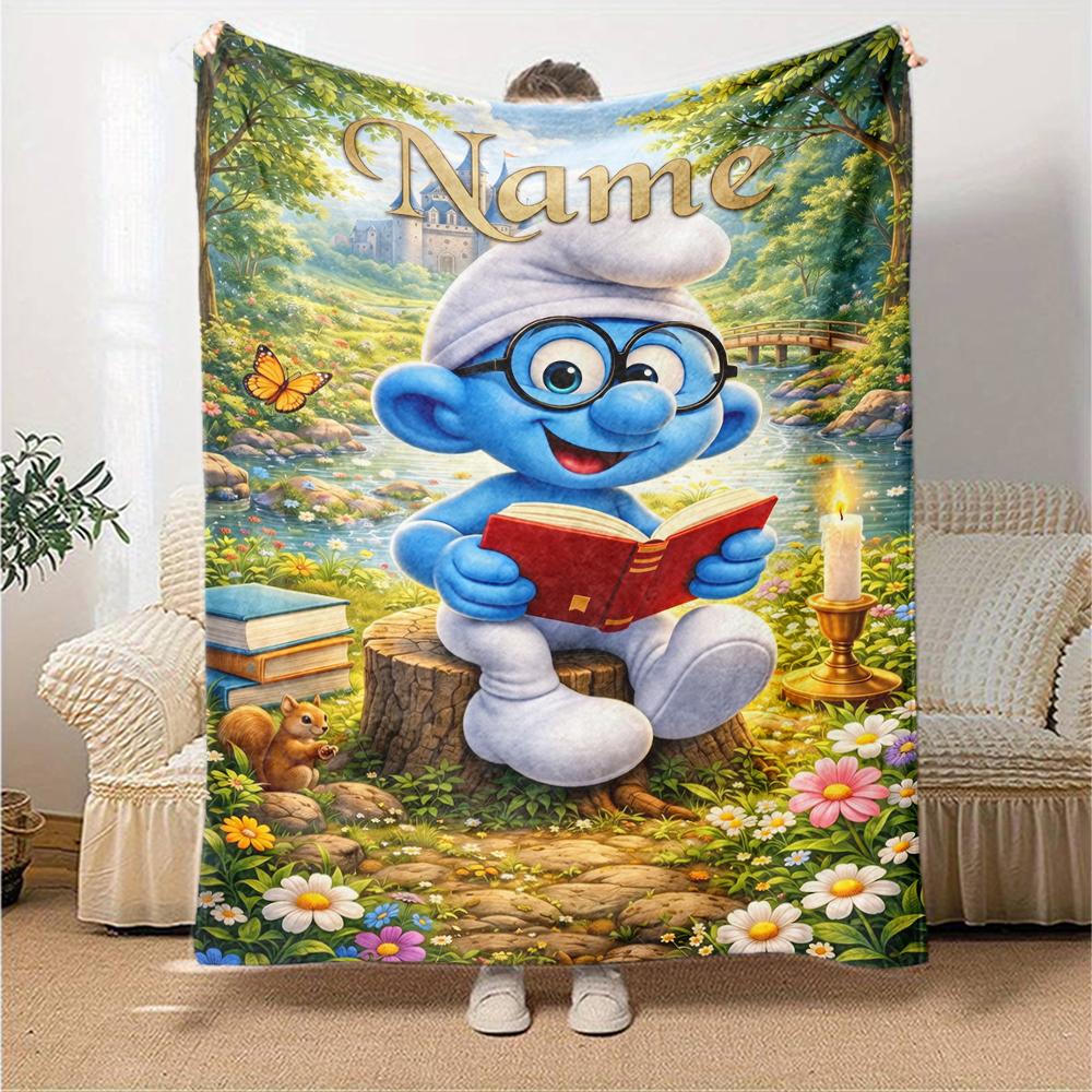 Custom Name Smurfs Theme Printed Blanket Perfect For Couch Bed Travel Outdoor Use Machine Washable Cozy Durable