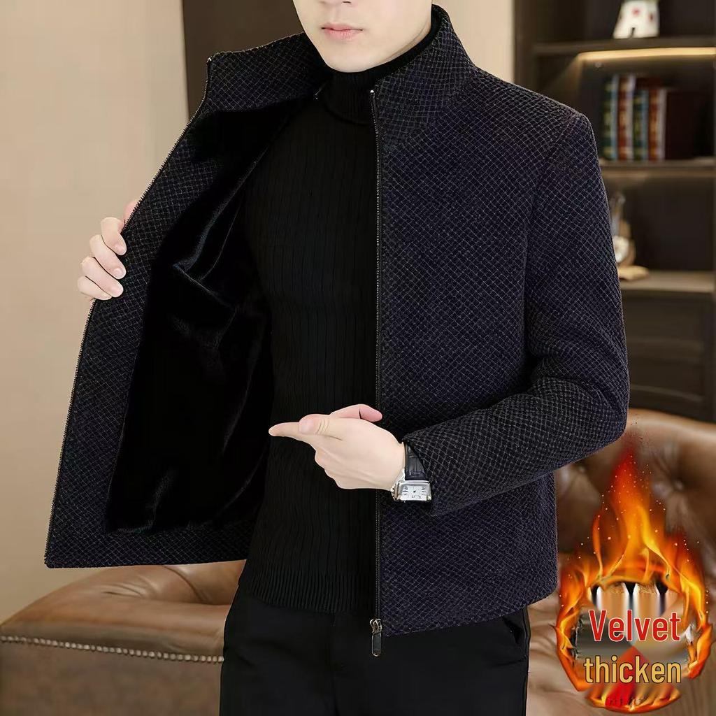 Men's High-End Plus Velvet Woolen Striped Lapel Coat - Warm, Versatile, Casual Jacket for Autumn and Winter.