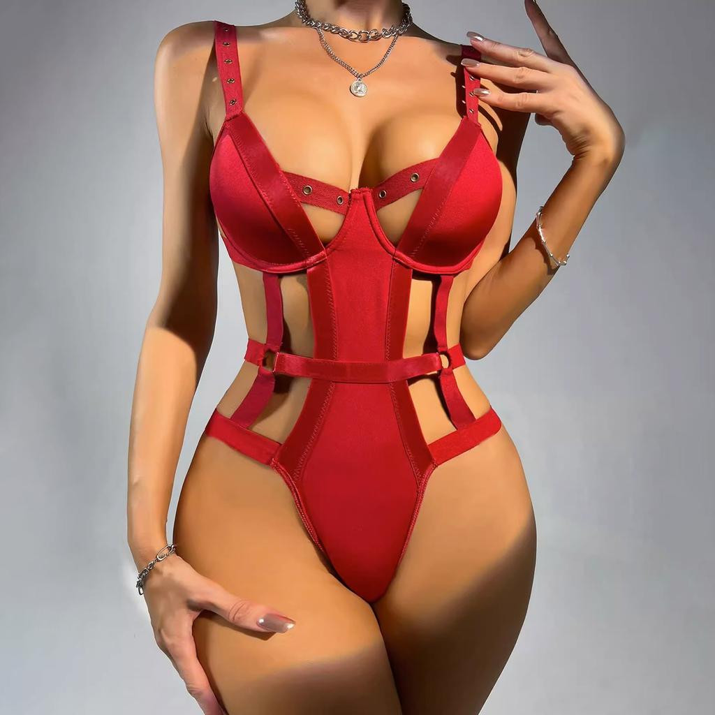 Sexy Large Strap Hollowed Out Suspender One-piece Fun Lingerie Set