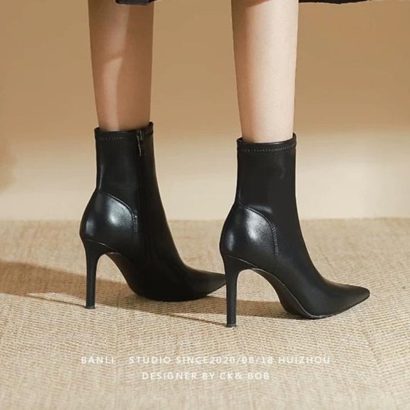 Pointed Toe High Heel Small Booties Women's 2025 New Fall/Winter French Stiletto Heel Mid-Tube Stretch Skinny Boots