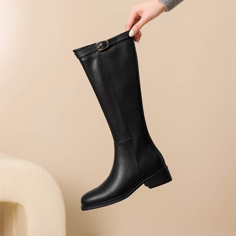 Krazing Pot Cow Split Skin Round Toe Med Heels Knight Boots Size 46 Size 45 Slip On Plus Size Women Metal Buckle Thigh High Boots