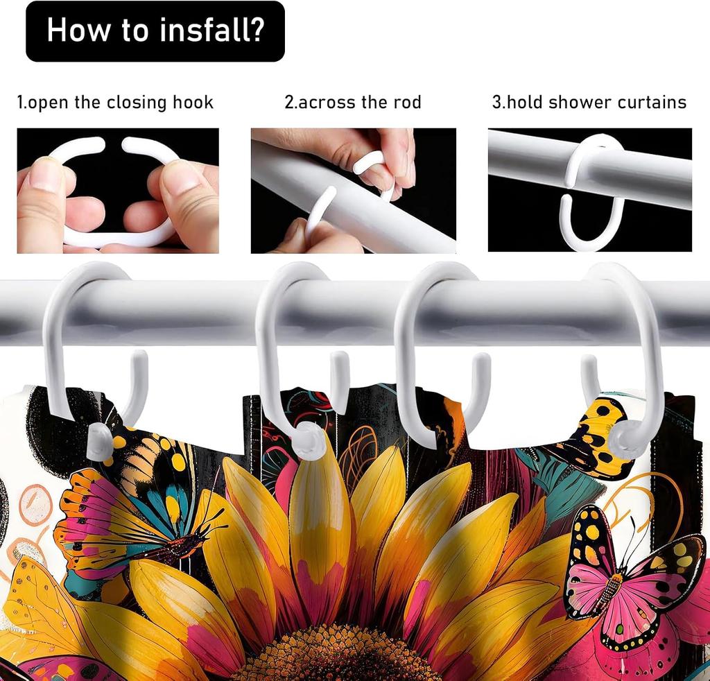 4Pcs Shower Curtain Set with Non-Slip Bath Mat, Toilet Lid Cover, Contour Rug & 12 Hooks, Bathroom