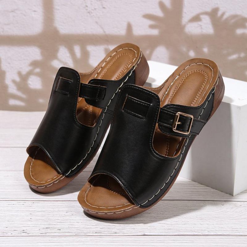 Cool slippers large size thick-soled slippers women's round head breathable belt belt buckle sewing line wedge slippers women