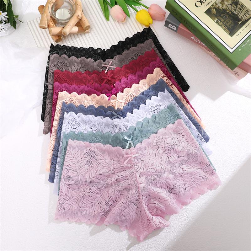 4 Stück/SET Damen Spitzen Hollow Out Boyshorts Unterwäsche Sexy Blumendruck Slips Weiblich Niedrige Taille Perspektive Lingerie Boxershorts