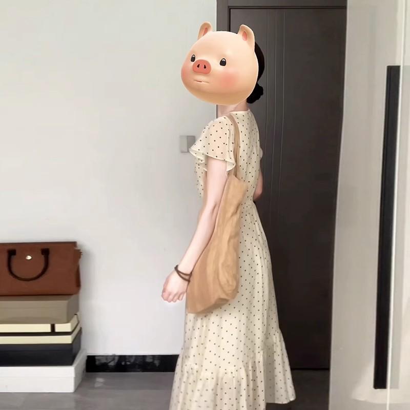 [Chiffon + Inner Lining] French Temperament V-neck Polka Dot Dress for Women's Summer Small Flying Sleeves Seaside Vacation Waist