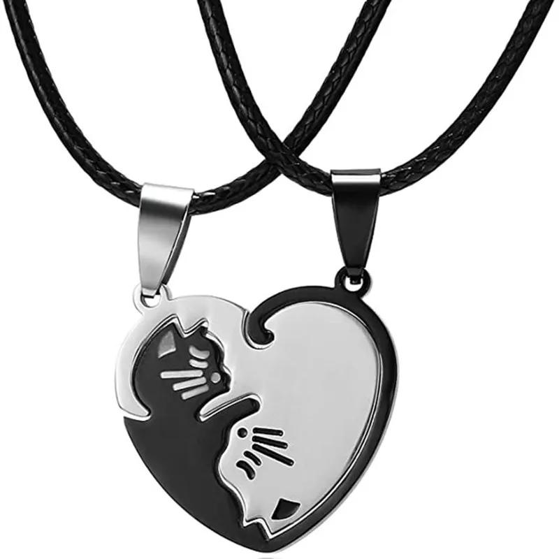 Couple Heart Necklace Cute Cartoon Cat Pendant Necklace Simple Color Black Animal Necklace Jewelry Gift For Girl Boys