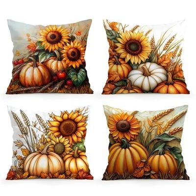 Home Decor Sunflowers & Pumpkins Fall Season Pillow Cover Pattern Cushion Cover Suitable for Sofa Bedroom Car Pillow Cover