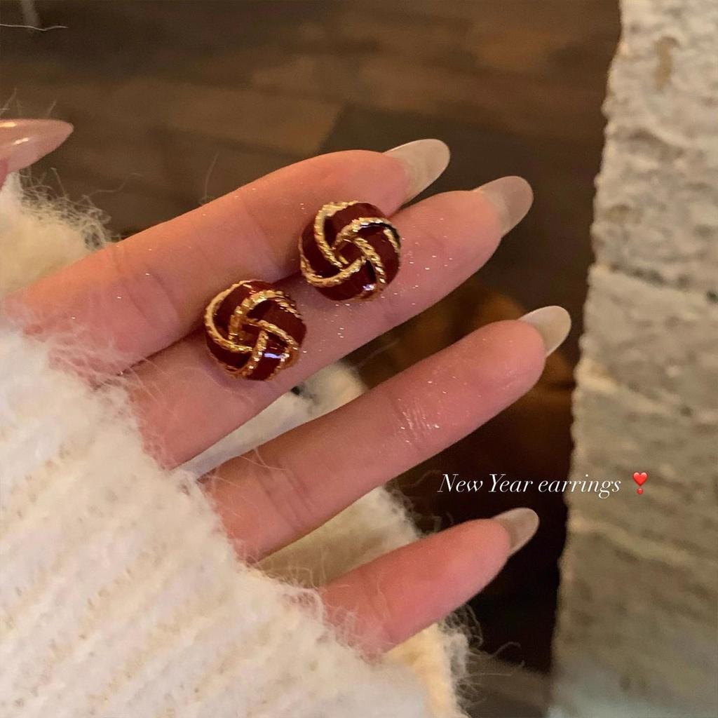 Elegant Wine Red Double Happiness Knot Studs - Autumn/Winter Light Luxury High-End Fashion Earrings