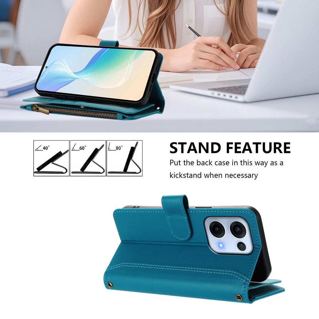 Per Oppo Reno13 5G (Globale) Custodia in Pelle 9 Scomparti per Carte Portafoglio con Cerniera Supporto Copertura per Telefono con Cinturino da Polso